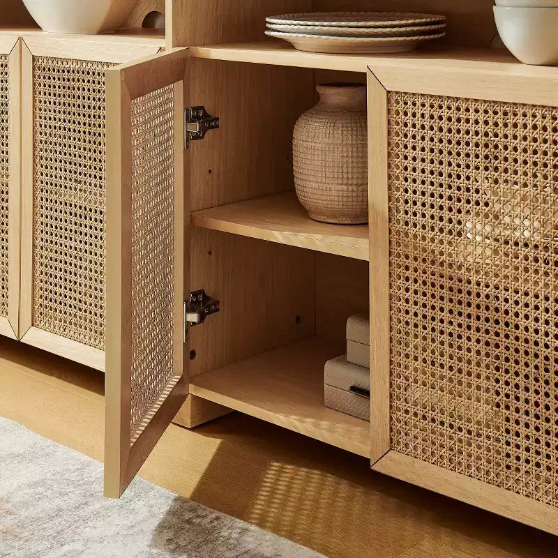63 Credenza buffet in rattan moderno di metà secolo con spazio di archiviazione, grande tavolo console multimediale per soggiorno, ingresso o cucina-Panipeachy