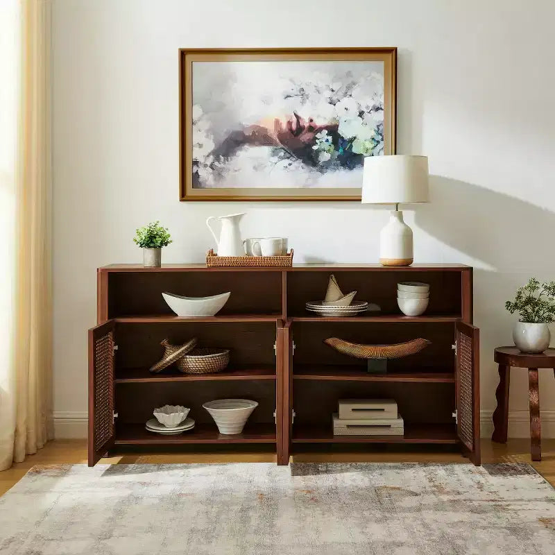 63 Credenza buffet in rattan moderno di metà secolo con spazio di archiviazione, grande tavolo console multimediale per soggiorno, ingresso o cucina-Panipeachy