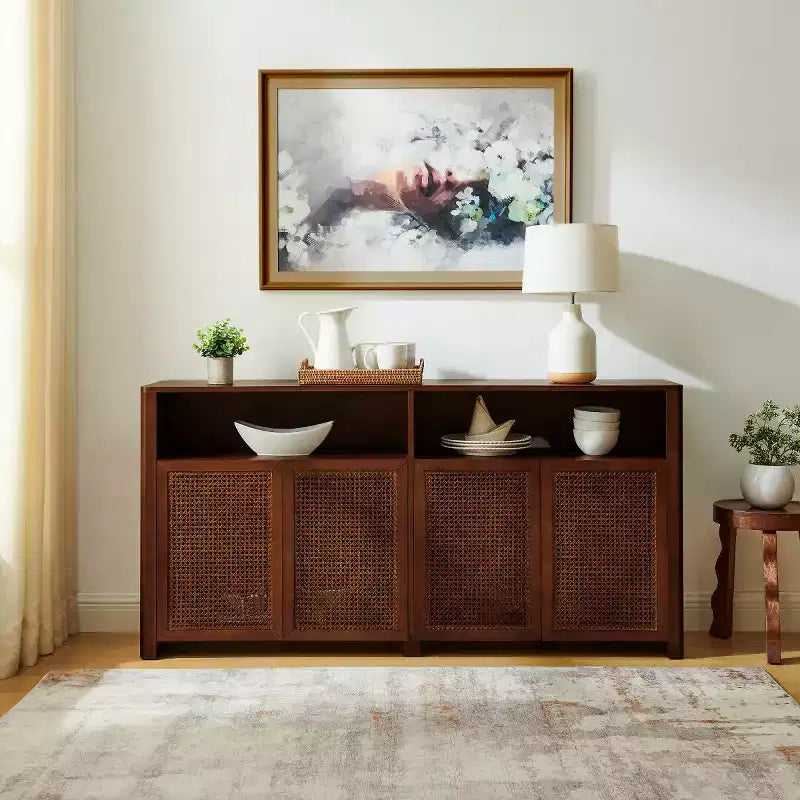 63 Credenza buffet in rattan moderno di metà secolo con spazio di archiviazione, grande tavolo console multimediale per soggiorno, ingresso o cucina-Panipeachy