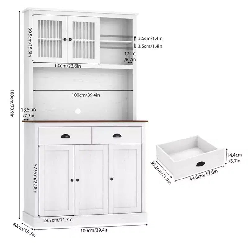 Dispensa da Cucina 71", Mobile Buffet Indipendente in Legno con Supporto per Microonde e 2 Cassetti, Credenza da Cucina per Sala da Pranzo Soggiorno
