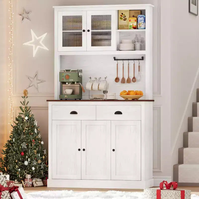 Dispensa da Cucina 71", Mobile Buffet Indipendente in Legno con Supporto per Microonde e 2 Cassetti, Credenza da Cucina per Sala da Pranzo Soggiorno
