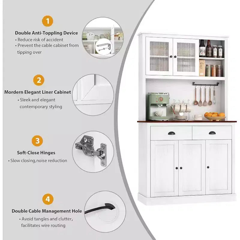 Dispensa da Cucina 71", Mobile Buffet Indipendente in Legno con Supporto per Microonde e 2 Cassetti, Credenza da Cucina per Sala da Pranzo Soggiorno