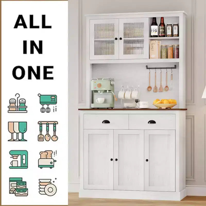 Dispensa da Cucina 71", Mobile Buffet Indipendente in Legno con Supporto per Microonde e 2 Cassetti, Credenza da Cucina per Sala da Pranzo Soggiorno