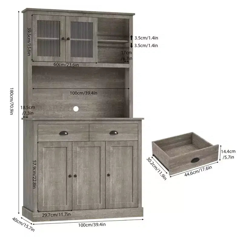 Dispensa da Cucina 71", Mobile Buffet Indipendente in Legno con Supporto per Microonde e 2 Cassetti, Credenza da Cucina per Sala da Pranzo Soggiorno