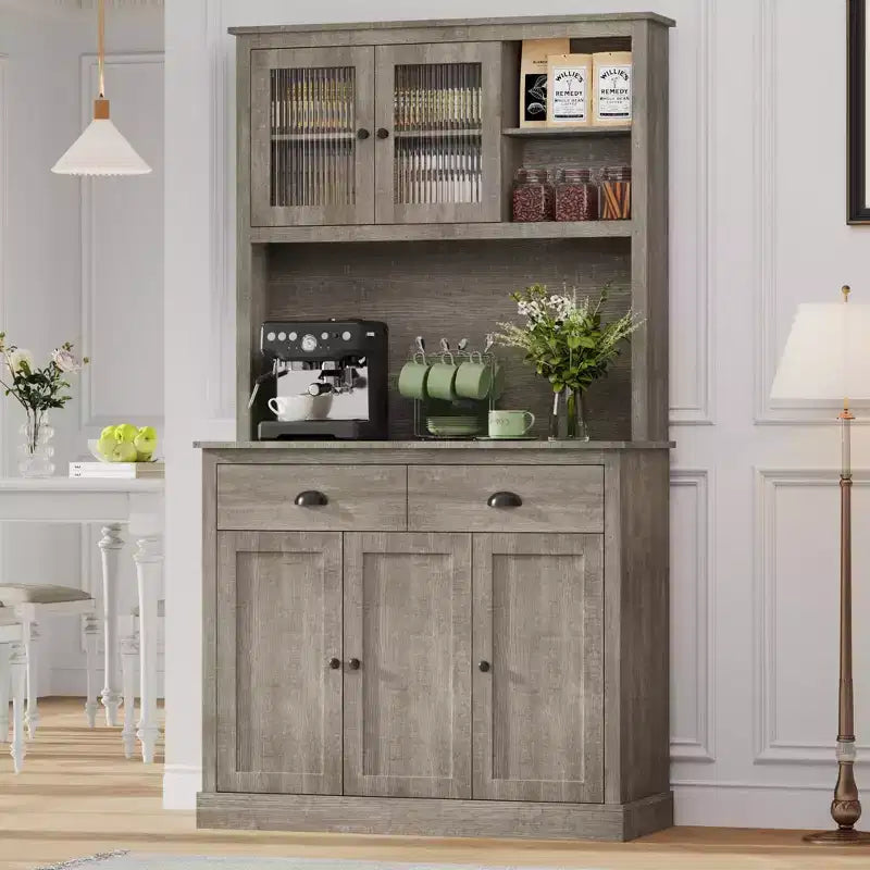 Dispensa da Cucina 71", Mobile Buffet Indipendente in Legno con Supporto per Microonde e 2 Cassetti, Credenza da Cucina per Sala da Pranzo Soggiorno