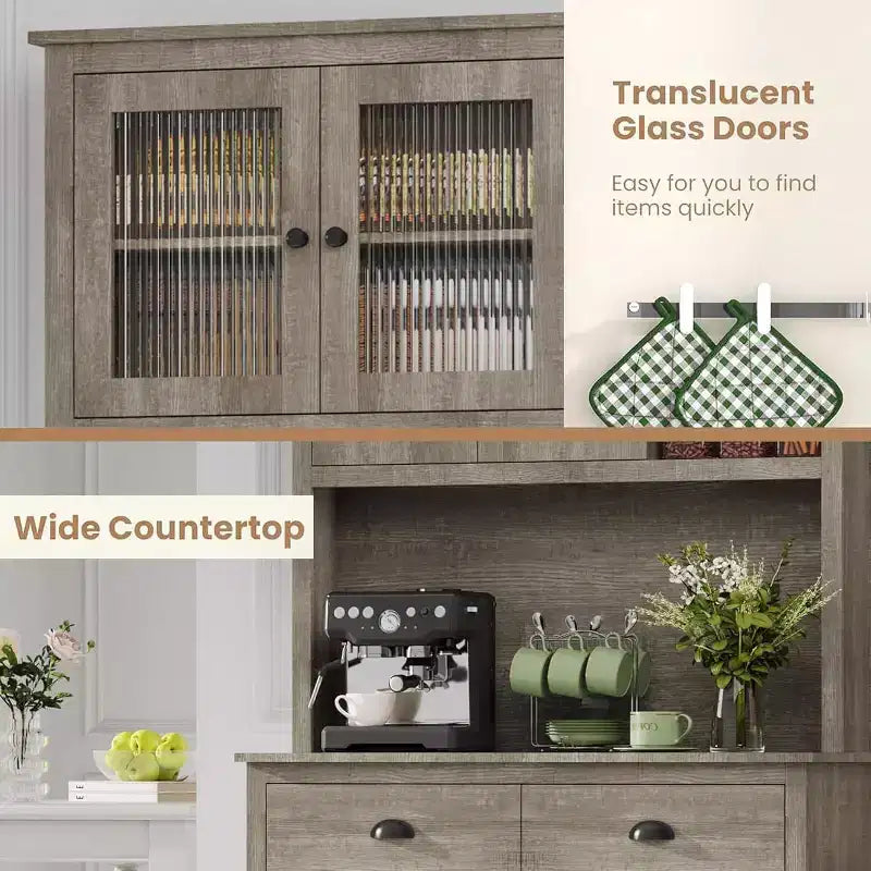 Dispensa da Cucina 71", Mobile Buffet Indipendente in Legno con Supporto per Microonde e 2 Cassetti, Credenza da Cucina per Sala da Pranzo Soggiorno