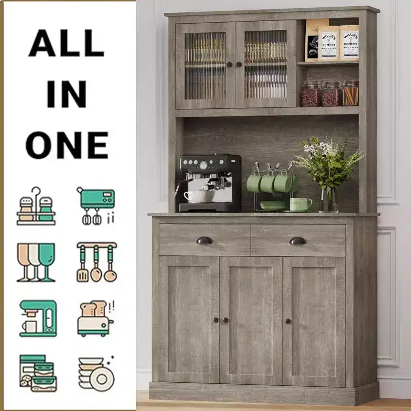 Dispensa da Cucina 71", Mobile Buffet Indipendente in Legno con Supporto per Microonde e 2 Cassetti, Credenza da Cucina per Sala da Pranzo Soggiorno