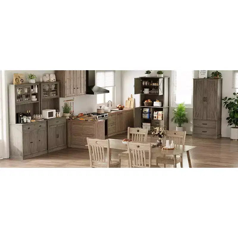 Dispensa da Cucina 71", Mobile Buffet Indipendente in Legno con Supporto per Microonde e 2 Cassetti, Credenza da Cucina per Sala da Pranzo Soggiorno