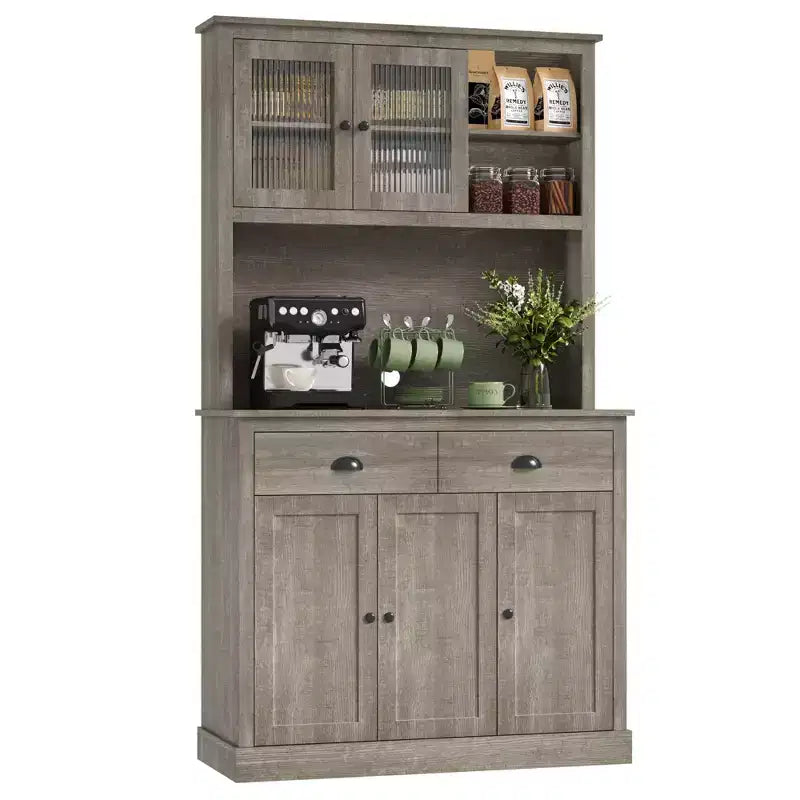 Dispensa da Cucina 71", Mobile Buffet Indipendente in Legno con Supporto per Microonde e 2 Cassetti, Credenza da Cucina per Sala da Pranzo Soggiorno