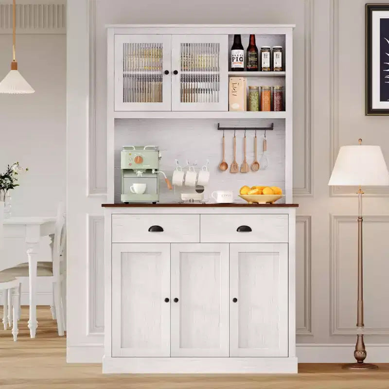 Dispensa da Cucina 71", Mobile Buffet Indipendente in Legno con Supporto per Microonde e 2 Cassetti, Credenza da Cucina per Sala da Pranzo Soggiorno