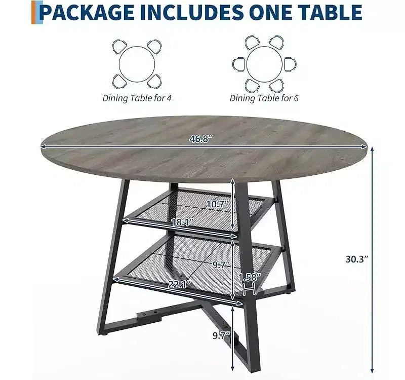 Set tavolo rotondo da pranzo per 4-6 persone, tavolo da cucina circolare con base in metallo, tavolo da pranzo rotondo in legno da 47 pollici