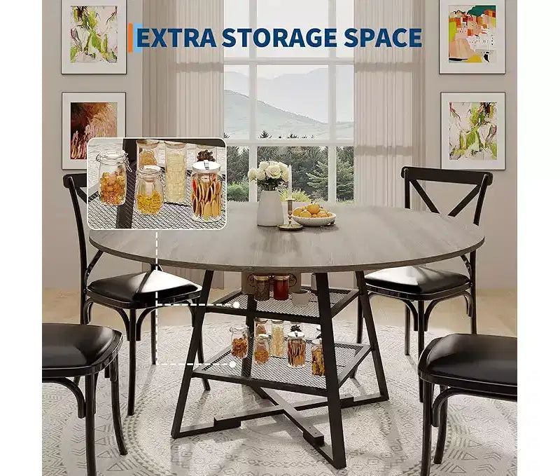 Set tavolo rotondo da pranzo per 4-6 persone, tavolo da cucina circolare con base in metallo, tavolo da pranzo rotondo in legno da 47 pollici