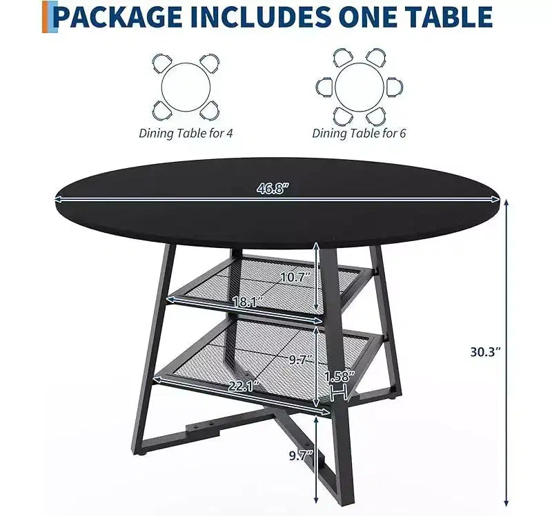 Set tavolo rotondo da pranzo per 4-6 persone, tavolo da cucina circolare con base in metallo, tavolo da pranzo rotondo in legno da 47 pollici