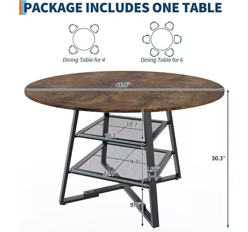 Set tavolo rotondo da pranzo per 4-6 persone, tavolo da cucina circolare con base in metallo, tavolo da pranzo rotondo in legno da 47 pollici