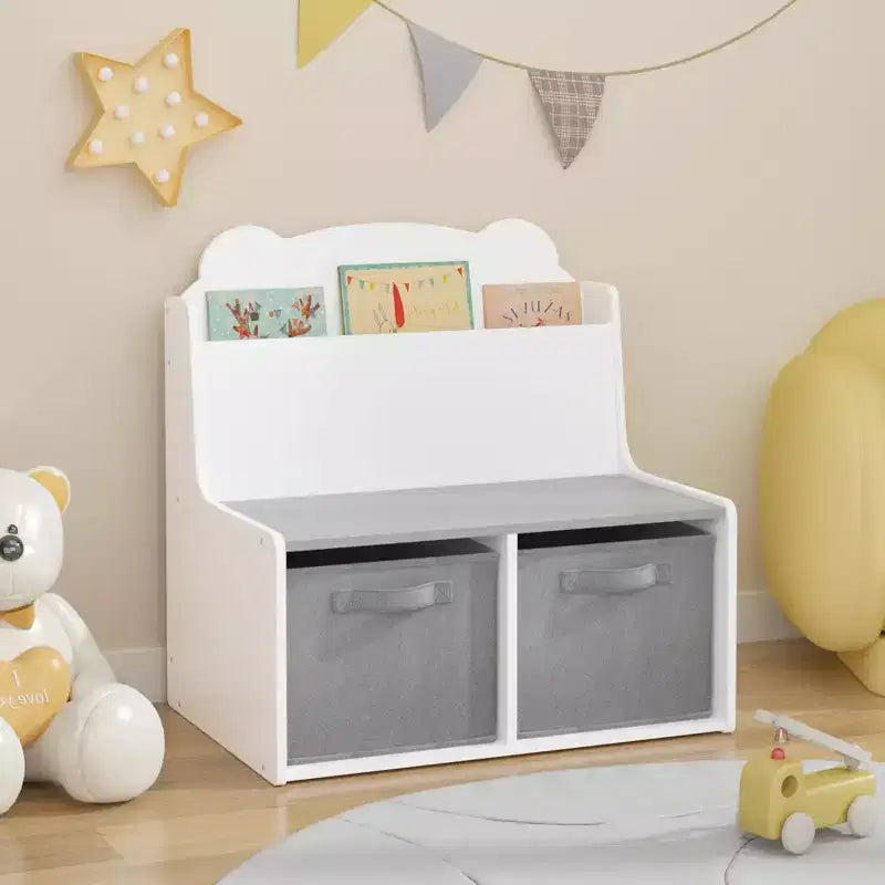 Scaffale per Libri per Bambini con Contenitori Portaoggetti Libreria in Legno con Ripiano Espositivo per Libri e 2 Contenitori in Tessuto, Schienale a Forma di Orso Carino, Organizzatore di Giocattoli per Bambini