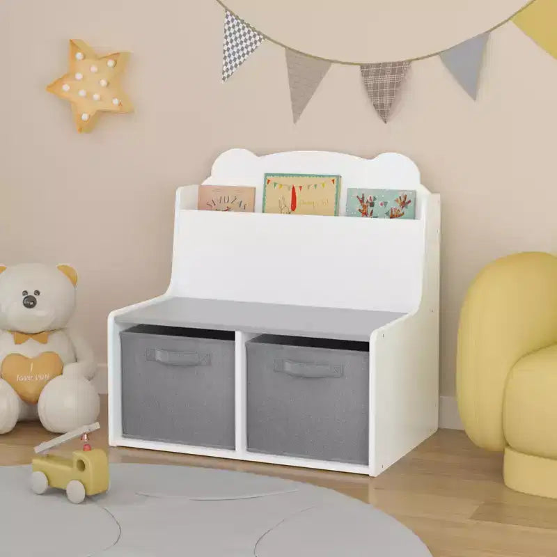 Scaffale per Libri per Bambini con Contenitori Portaoggetti Libreria in Legno con Ripiano Espositivo per Libri e 2 Contenitori in Tessuto, Schienale a Forma di Orso Carino, Organizzatore di Giocattoli per Bambini