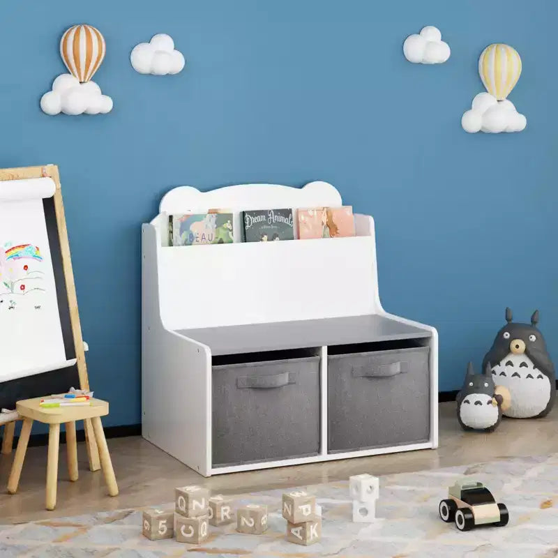 Scaffale per Libri per Bambini con Contenitori Portaoggetti Libreria in Legno con Ripiano Espositivo per Libri e 2 Contenitori in Tessuto, Schienale a Forma di Orso Carino, Organizzatore di Giocattoli per Bambini