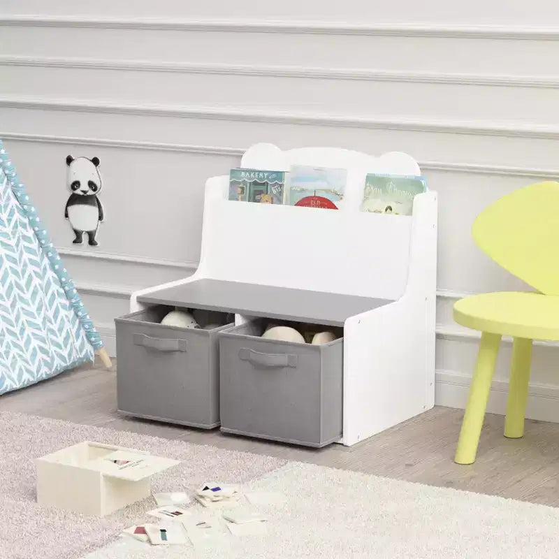 Scaffale per Libri per Bambini con Contenitori Portaoggetti Libreria in Legno con Ripiano Espositivo per Libri e 2 Contenitori in Tessuto, Schienale a Forma di Orso Carino, Organizzatore di Giocattoli per Bambini