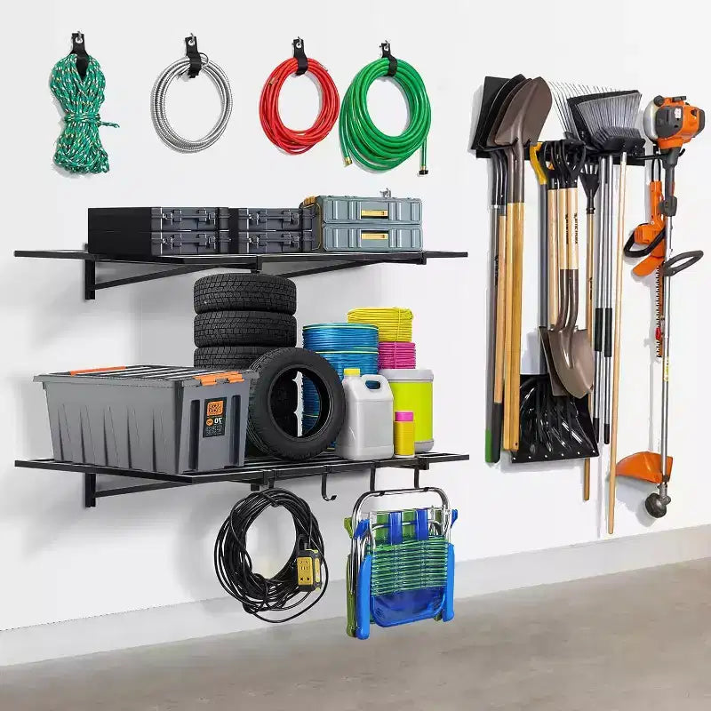 Scaffalatura da Garage Resistente a Parete con Ganci, Capacità di Carico di 90 kg per Ripiano, Nera, Confezione da 2