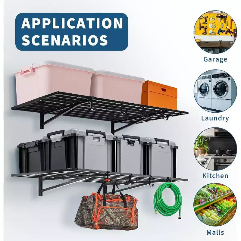 Scaffalatura da Garage Resistente a Parete con Ganci, Capacità di Carico di 90 kg per Ripiano, Nera, Confezione da 2