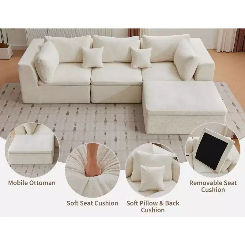 Divano componibile a L 110, trasformabile Cloud Couch in ciniglia, con seduta profonda, pouf/chaise longue e cuscini in memory foam per soggiorno