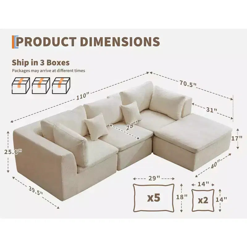 Divano componibile a L 110, trasformabile Cloud Couch in ciniglia, con seduta profonda, pouf/chaise longue e cuscini in memory foam per soggiorno