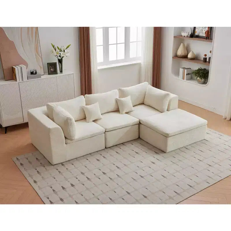 Divano componibile a L 110, trasformabile Cloud Couch in ciniglia, con seduta profonda, pouf/chaise longue e cuscini in memory foam per soggiorno