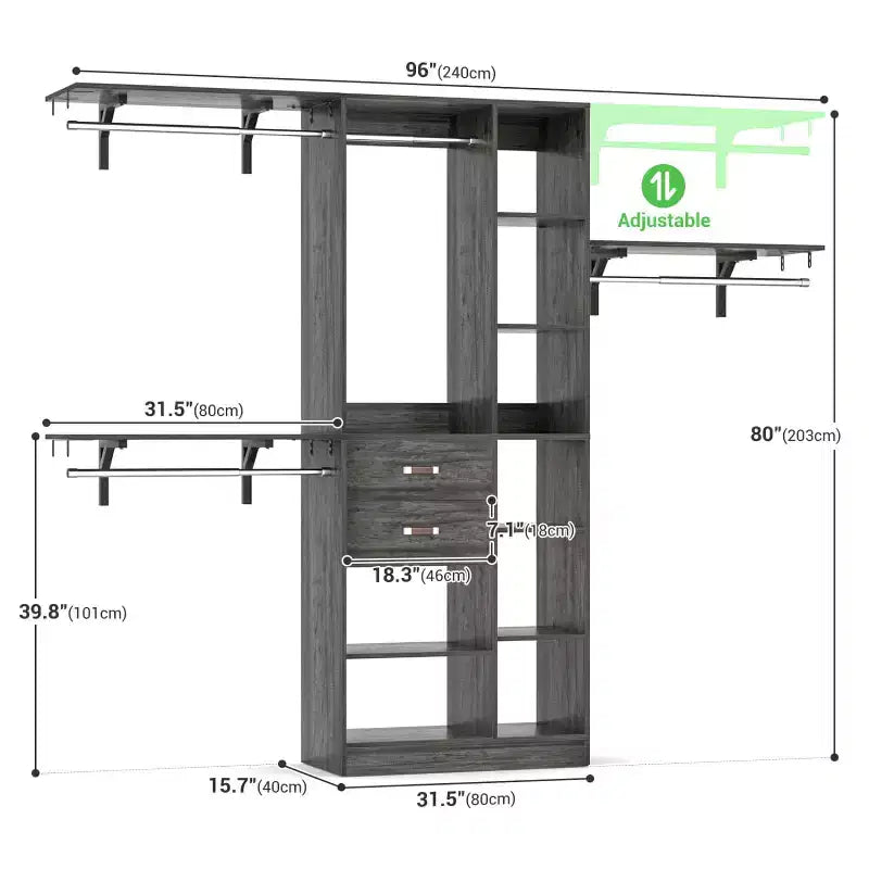 Besiost Sistema Organizer da 96 Pollici per Armadio con Cassetti in Legno, Scaffalature a Torre, Aste Appendiabiti