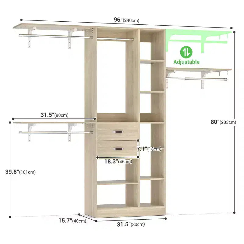 Besiost Sistema Organizer da 96 Pollici per Armadio con Cassetti in Legno, Scaffalature a Torre, Aste Appendiabiti