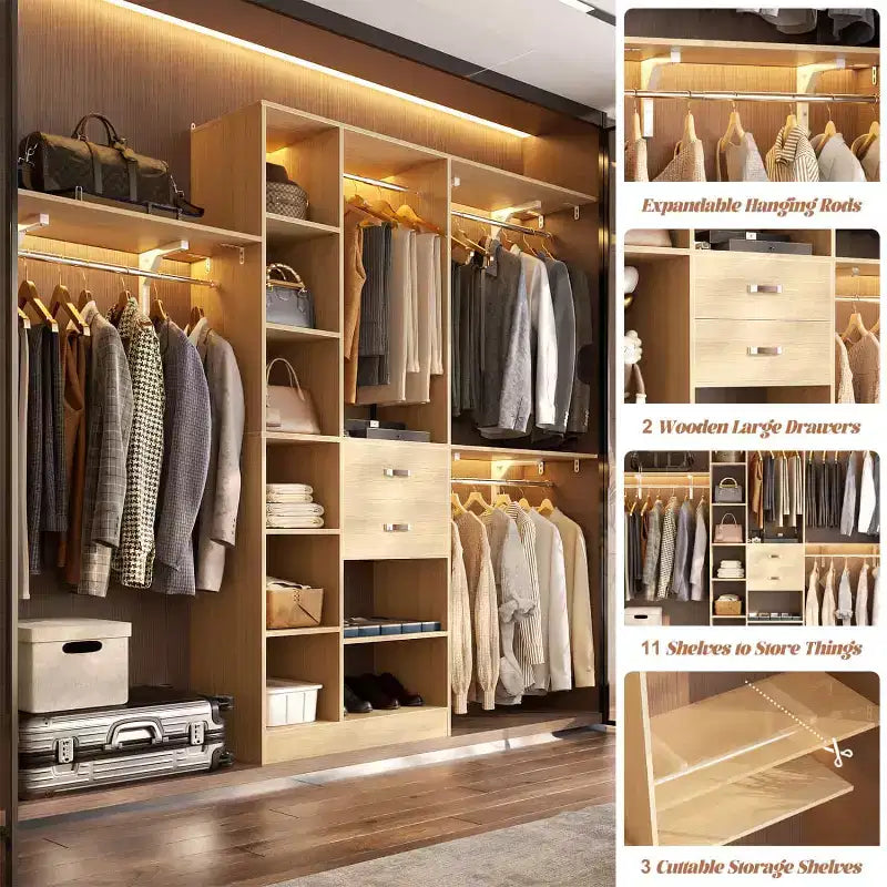 Besiost Sistema Organizer da 96 Pollici per Armadio con Cassetti in Legno, Scaffalature a Torre, Aste Appendiabiti