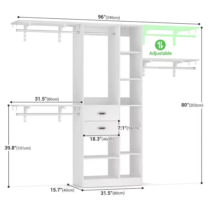 Besiost Sistema Organizer da 96 Pollici per Armadio con Cassetti in Legno, Scaffalature a Torre, Aste Appendiabiti