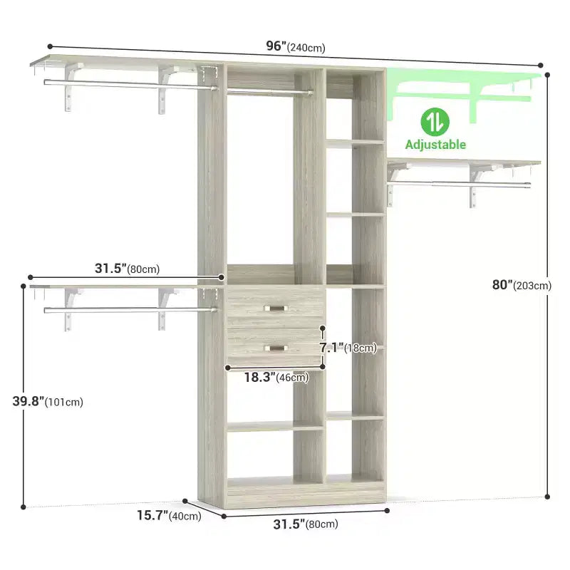 Besiost Sistema Organizer da 96 Pollici per Armadio con Cassetti in Legno, Scaffalature a Torre, Aste Appendiabiti