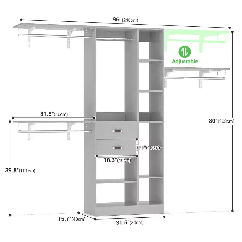 Besiost Sistema Organizer da 96 Pollici per Armadio con Cassetti in Legno, Scaffalature a Torre, Aste Appendiabiti