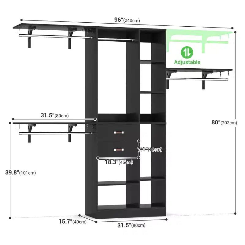 Besiost Sistema Organizer da 96 Pollici per Armadio con Cassetti in Legno, Scaffalature a Torre, Aste Appendiabiti