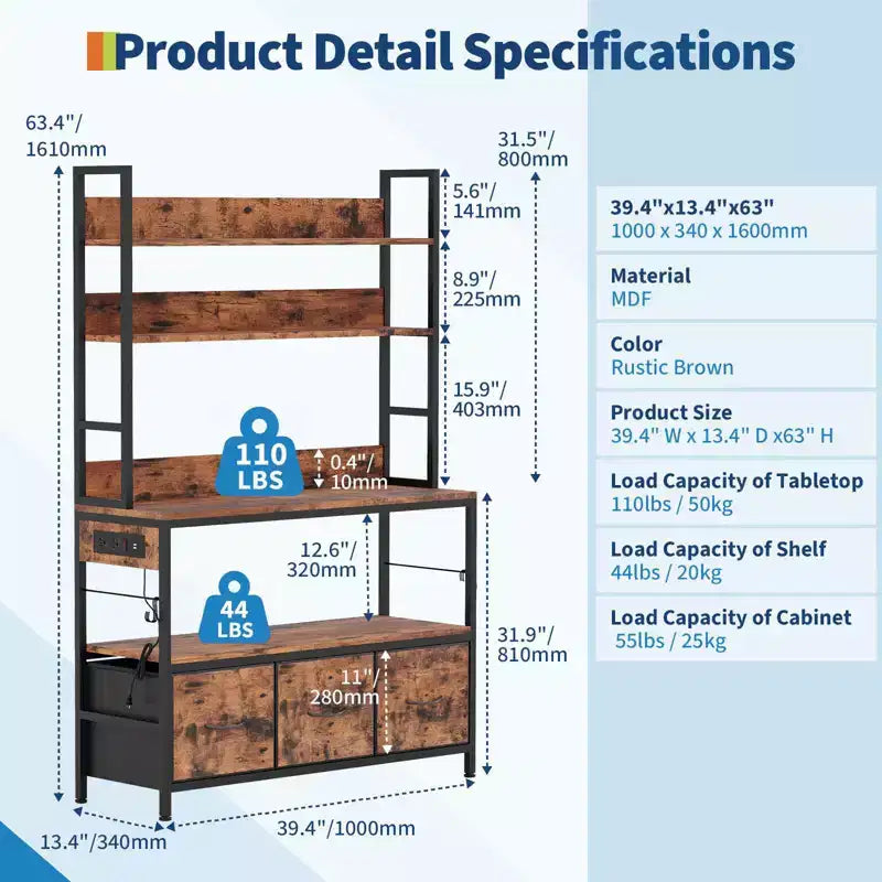 Scaffale da cucina industriale a 5 ripiani con contenitore - Supporto per microonde con struttura in metallo con cassetti e ripiani, versatile mobile bar da fattoria