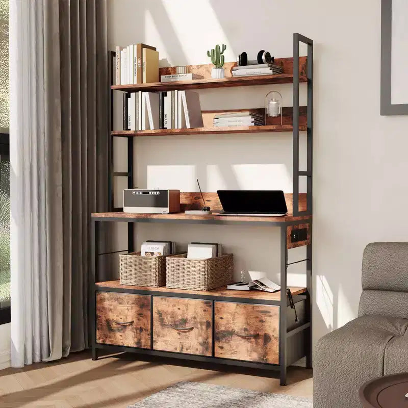 Scaffale da cucina industriale a 5 ripiani con contenitore - Supporto per microonde con struttura in metallo con cassetti e ripiani, versatile mobile bar da fattoria