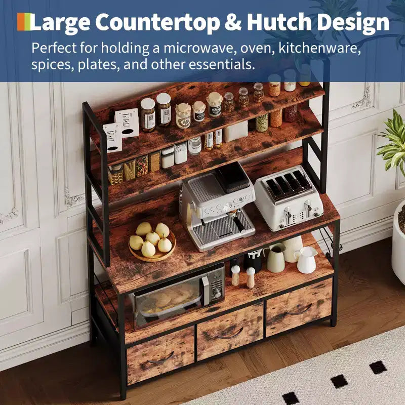 Scaffale da cucina industriale a 5 ripiani con contenitore - Supporto per microonde con struttura in metallo con cassetti e ripiani, versatile mobile bar da fattoria