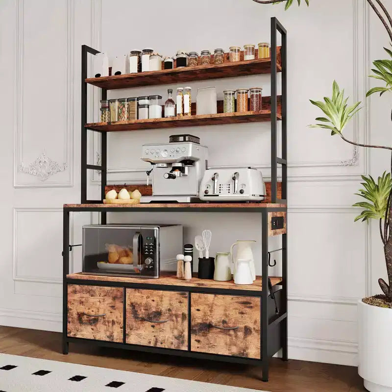 Scaffale da cucina industriale a 5 ripiani con contenitore - Supporto per microonde con struttura in metallo con cassetti e ripiani, versatile mobile bar da fattoria