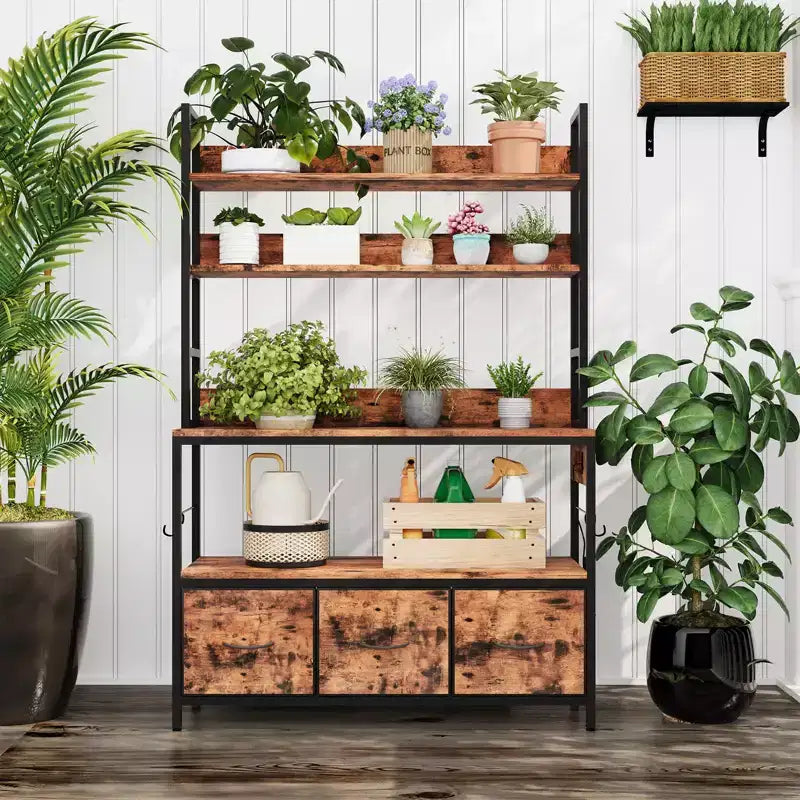 Scaffale da cucina industriale a 5 ripiani con contenitore - Supporto per microonde con struttura in metallo con cassetti e ripiani, versatile mobile bar da fattoria
