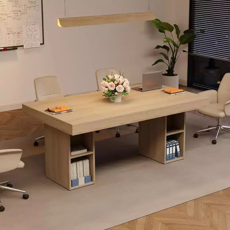 Tavolo da Pranzo Rettangolare da 160 cm per 6 Persone, Costruzione in Legno, Base a Doppio Piedistallo con Contenitore su Due Lati, Ampia Superficie, Telaio Rinforzato