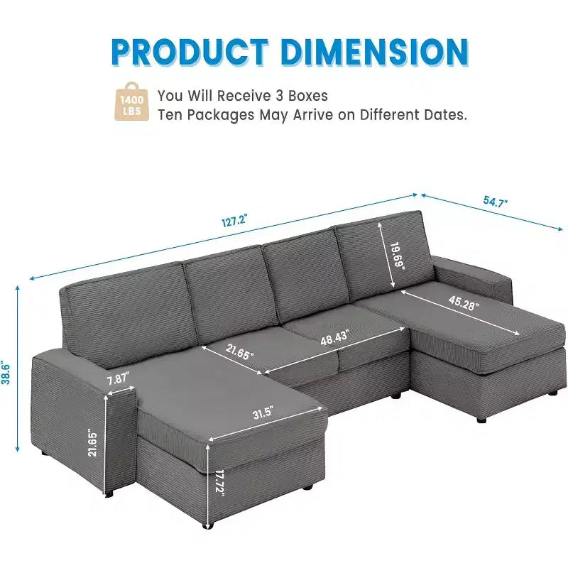 Divano Componibile Sectional, Divano a U con Rivestimento Lavabile Rimovibile, Divano Moderno Grigio Convertibile a Seduta Profonda per Soggiorno, Ufficio