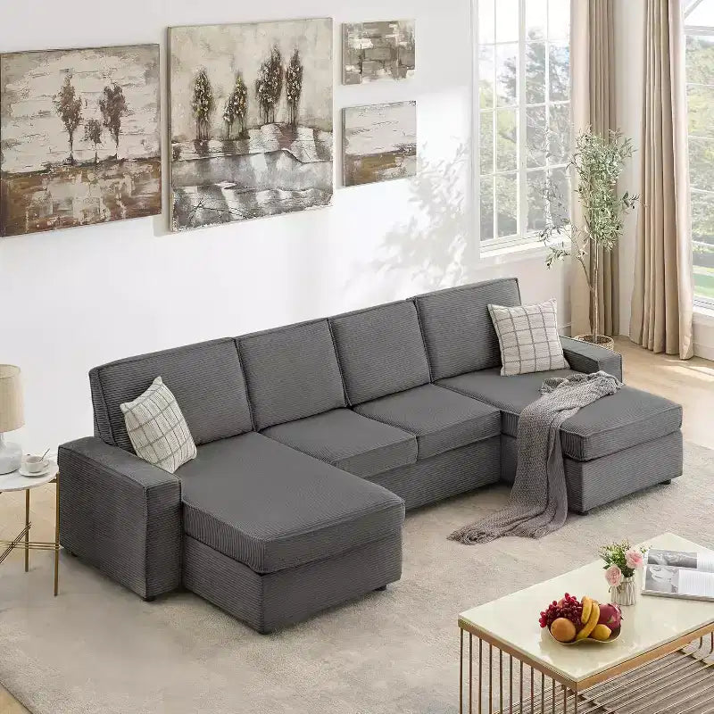 Divano Componibile Sectional, Divano a U con Rivestimento Lavabile Rimovibile, Divano Moderno Grigio Convertibile a Seduta Profonda per Soggiorno, Ufficio