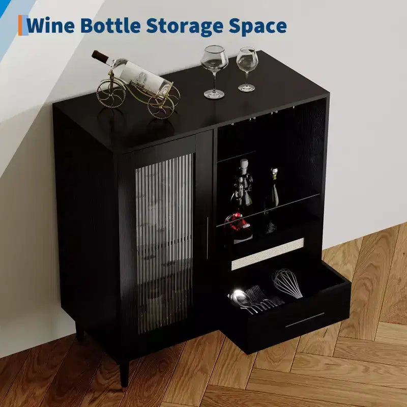 Mobile Bar Moderno e Mobile Mini Bar per Caffè con Contenitore, Credenza Portabottiglie con Anta in Vetro Temperato e Cassetti per Cucina, Sala da Pranzo