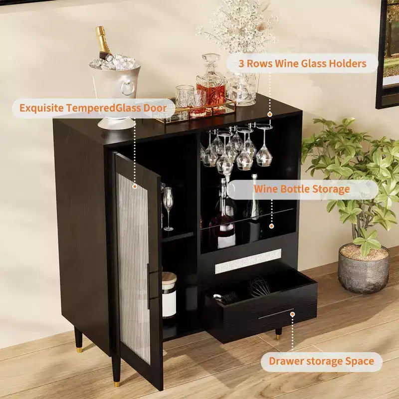 Mobile Bar Moderno e Mobile Mini Bar per Caffè con Contenitore, Credenza Portabottiglie con Anta in Vetro Temperato e Cassetti per Cucina, Sala da Pranzo