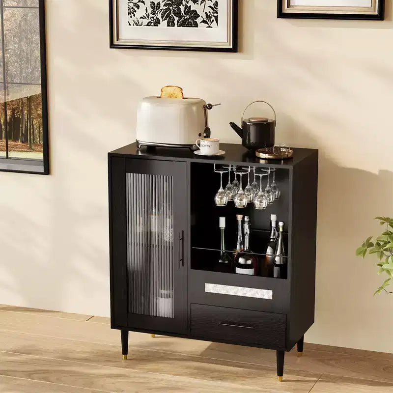 Mobile Bar Moderno e Mobile Mini Bar per Caffè con Contenitore, Credenza Portabottiglie con Anta in Vetro Temperato e Cassetti per Cucina, Sala da Pranzo