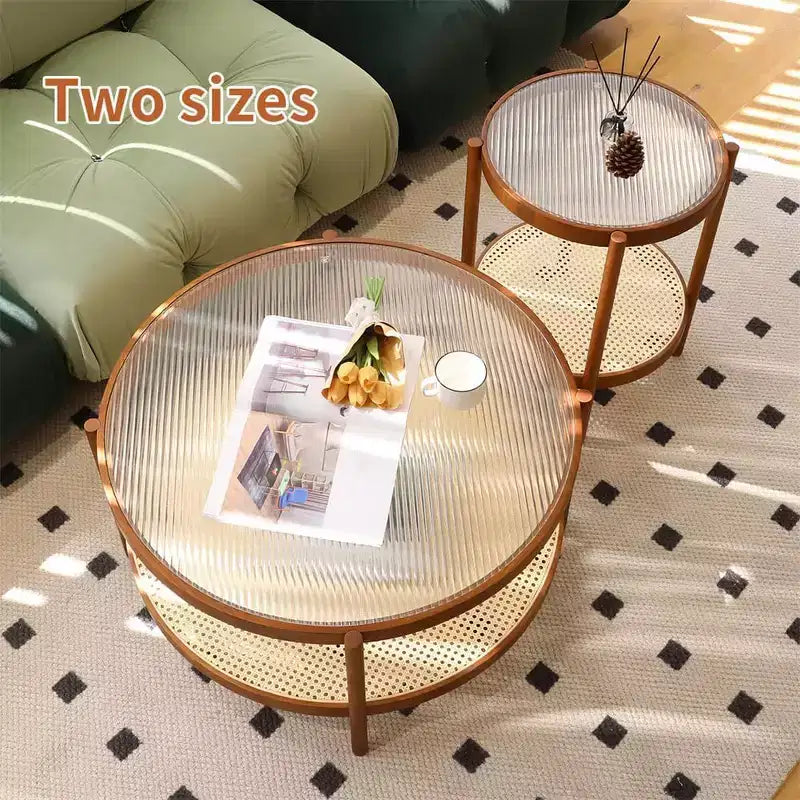Set di 2 tavolini rotondi, tavolini da caffè a nido d'ape in stile rattan rustico, impilabili, con cornice in legno, per soggiorno, marroni