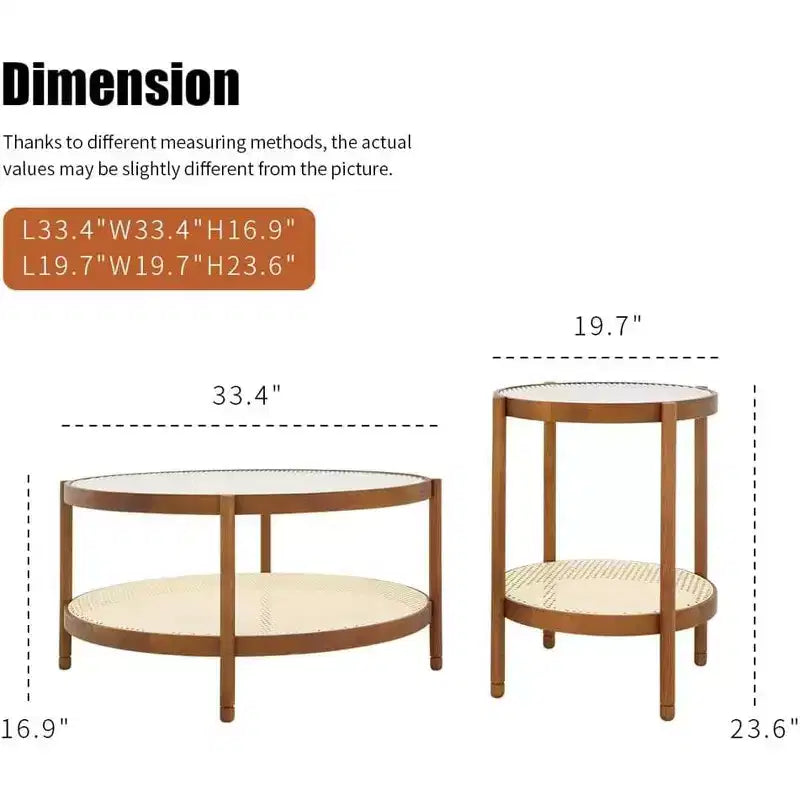 Set di 2 tavolini rotondi, tavolini da caffè a nido d'ape in stile rattan rustico, impilabili, con cornice in legno, per soggiorno, marroni