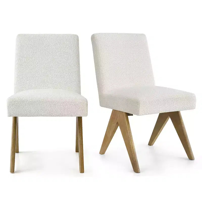 Set di 2 sedie da pranzo, moderne senza braccioli, rivestite in bouclé, con gambe a V in legno massello di gomma con finitura rovere - Panipeachy