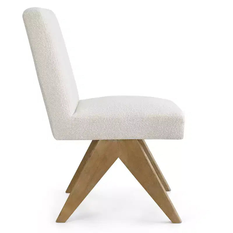 Set di 2 sedie da pranzo, moderne senza braccioli, rivestite in bouclé, con gambe a V in legno massello di gomma con finitura rovere - Panipeachy