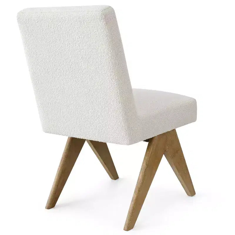 Set di 2 sedie da pranzo, moderne senza braccioli, rivestite in bouclé, con gambe a V in legno massello di gomma con finitura rovere - Panipeachy